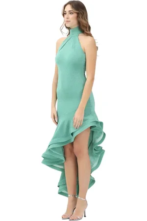 SIMONA CORSELLINI Kleedjes, Dames, Groen, S, Groene lurex lange jurk met asymmetrische ruche