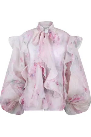 ZIMMERMANN Blouses & Shirts, Dames, Roze, S, Polyester, Crush Tie Neck Ruffle Blouse