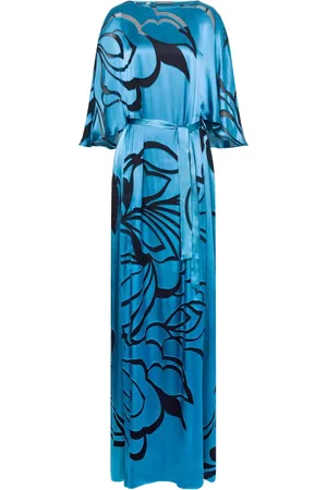 Alberta Ferretti Kleedjes, Dames, Blauw, L, Satijn, Blauwe Bloemen Satijnen Jurk