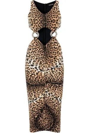 Roberto Cavalli Kleedjes, Dames, Bruin, L, Jaguar-Print Cut-Out Bodycon Jurk