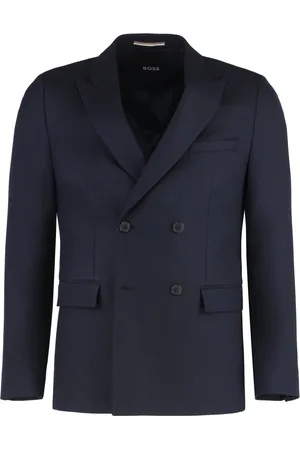 HUGO BOSS Jassen, Heren, Blauw, XL, Wol, Klassiek Double-Breasted Wollen Jas