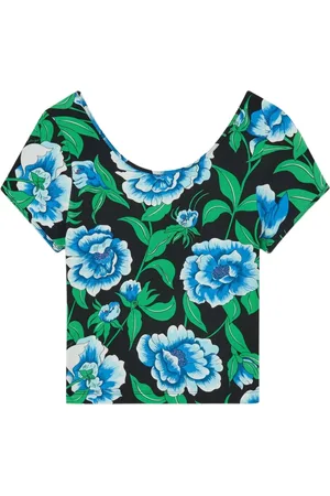 Kenzo Tops, Dames, Veelkleurig, M, Peonies Bootnek Top met Korte Mouwen