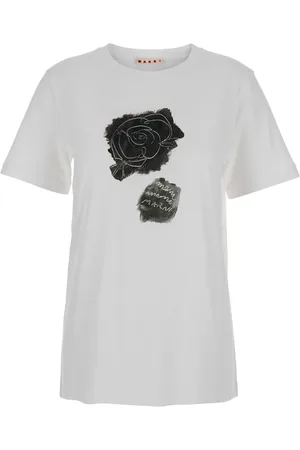 Marni Tops, Dames, Wit, XS, Katoen, Bloemenprint Crewneck T-shirt Vrouw Katoen