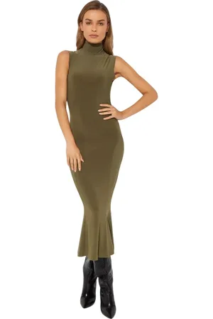 Norma Kamali Kleedjes, Dames, Groen, S, Polyester, Olijfgroene Mouwloze Midi Jurk