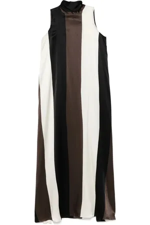 GIANLUCA CAPANNOLO Kleedjes, Dames, Veelkleurig, S, Mouwloze Zwarte Gestreepte Jurk met Sjaal Detailing