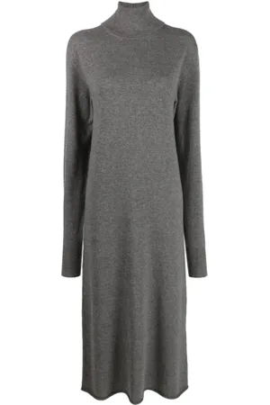 Jil Sander Kleedjes, Dames, Grijs, XS, Kasjmier, Midi-jurk met hoge hals en lange mouwen