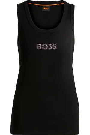 HUGO BOSS Tops, Dames, Zwart, L, Katoen, Geribbelde katoenen tanktop met Stonebadge
