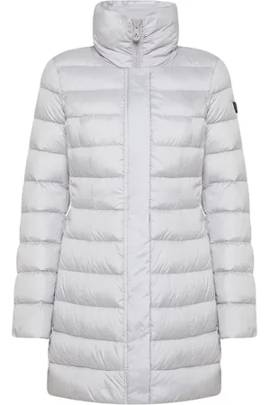 Peuterey Jassen, Dames, Grijs, L, Polyester, Lange Lichtgewicht Donzen Jas met Hoge Kraag