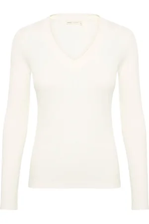 INWEAR Tops, Dames, Wit, L, Katoen, V-Hals Top met Lange Mouwen