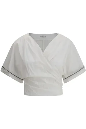 Brunello Cucinelli Blouses & Shirts, Dames, Wit, 2Xs, Katoen, Blouse met juweeldetails, V-hals