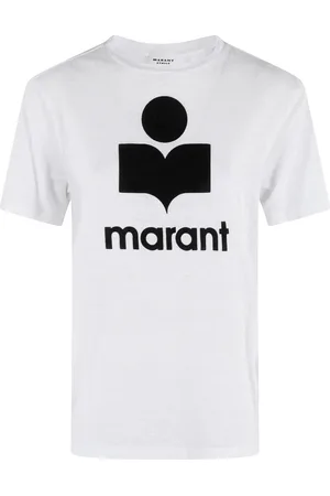 Isabel Marant Tops, Dames, Wit, S, Linnen, Wit Linnen T-shirt met Fluweel Logo