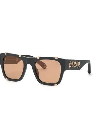 Philipp Plein Accessoires, Heren, Zwart, ONE Size, Acetaat Zonnebril met Oranje Lenzen