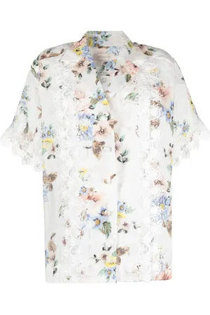 ZIMMERMANN Blouses & Shirts, Dames, Blauw, S, Bloes met bloemenprint en kanten rand