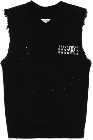 Maison Margiela Jassen, Heren, Zwart, L, Zwarte Geribbelde V-Hals Mouwloze Trui