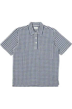 Universal Works Tops, Heren, Blauw, L, Seersucker Geruite Pullover Shirt