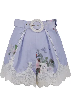 ZIMMERMANN Korte broeken, Dames, Veelkleurig, M, Linnen, Everley Short met kanten rand en plooien