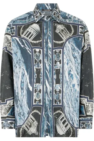 Roberto Cavalli Overhemden, Heren, Veelkleurig, M, Zijden shirt met marmerprint en versieringen