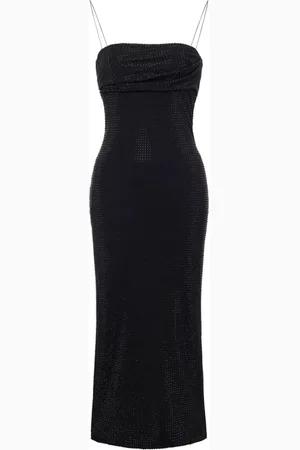 Serafini Kleedjes, Dames, Zwart, M, Polyester, Zwarte Kristallen Midi Jurk