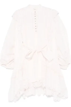 ZIMMERMANN Kleedjes, Dames, Roze, M, Leer, Roze kanten jurk met kristallen knopen