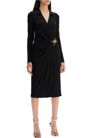 VERSACE Kleedjes, Dames, Zwart, M, Leer, Gekruiste Gedrapeerde Jersey Jurk
