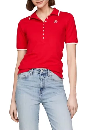 Tommy Hilfiger Tops, Dames, Rood, M, Katoen, Slim Tipping Lyocell Polo