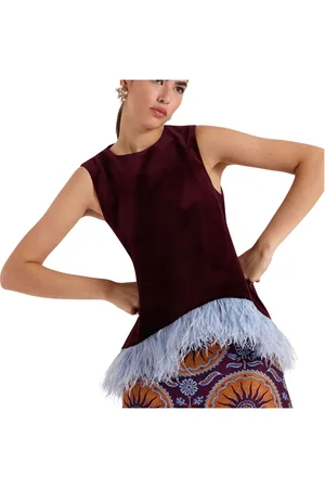 La DoubleJ Tops, Dames, Rood, S, Jacquard Top met Macramé Kwastjes