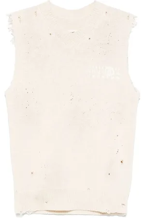 Maison Margiela Truien, Heren, , S, Ecru Geribbelde V-hals Mouwloze Sweater