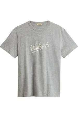 Woolrich Tops, Heren, Grijs, M, Katoen, T-shirts en polo`s met bedrukt logo en ronde hals