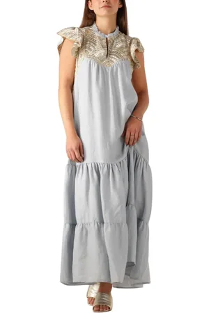 Greek Archaic Kori Kleedjes, Dames, Blauw, S, Denim, Lichtblauwe Maxi Jurk voor de Zomer
