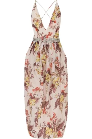 ZIMMERMANN Kleedjes, Dames, Veelkleurig, M, Linnen, Tulip Floral Midi Jurk