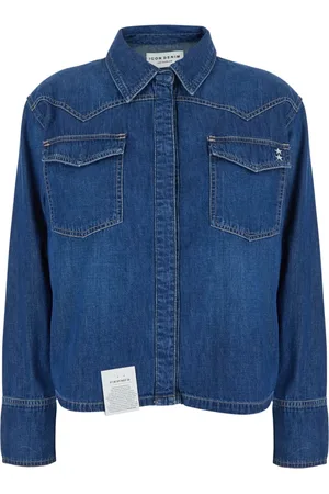 Icon Denim Jassen, Dames, Blauw, S, Denim, Blauwe Denim Overhemd met Klassieke Kraag