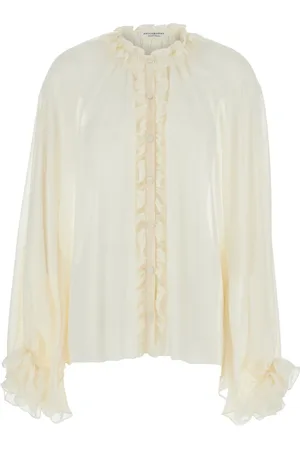 Serafini Kleedjes, Dames, Wit, S, Leer, Witte Gerimpelde Zijden Blouse