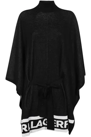 Karl Lagerfeld Jassen, Dames, Zwart, L, Wol, Logo Intarsia Poncho Jacket