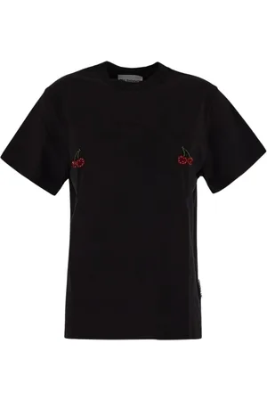 Des Phemmes Tops, Dames, Zwart, S, Katoen, Katoenen T-shirt met applicaties en korte mouwen