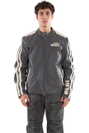 Diesel Jassen, Heren, Grijs, L, Leren Bikerjack in L-Pop Stijl