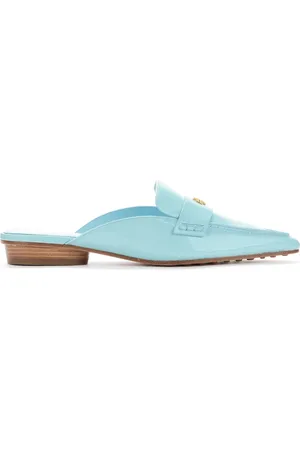 Tory Burch Schoenen, Dames, Blauw, 38 EU, Leer, Blauwe lakleren slipper met gouden logo