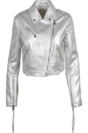 Patrizia Pepe Jassen, Dames, Grijs, S, Polyester, Zilveren Blazer met Rits en Zijzakken