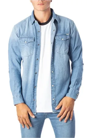 JACK & JONES Overhemden, Heren, Blauw, M, Katoen, Blauwe Jeans Overhemd met Lange Mouwen