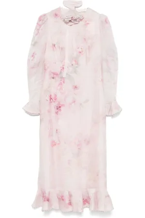 ZIMMERMANN Kleedjes, Dames, Roze, L, Katoen, Crush Flower Midi Jurk