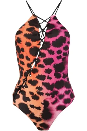 Roberto Cavalli Badkleding, Dames, Veelkleurig, L, Murena-Print Lace-Up Swimsuit