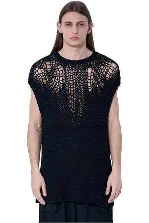 YOHJI YAMAMOTO Truien, Heren, Zwart, ONE Size, Katoen, Open-gebreide Crewneck Vest