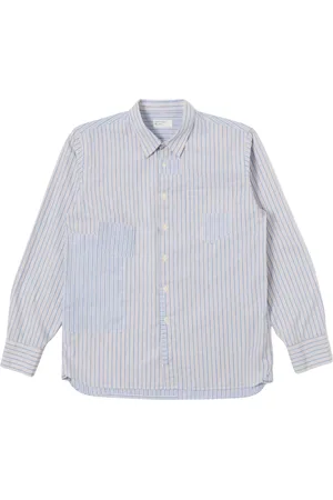 Universal Works Overhemden, Heren, Blauw, M, Katoen, Gestreept Patchwork Overhemd