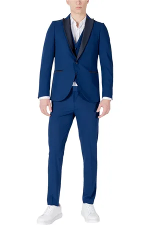 MULISH Pakken, Heren, Blauw, M, Polyester, Blauw V-Hals Reverspak met Zakken