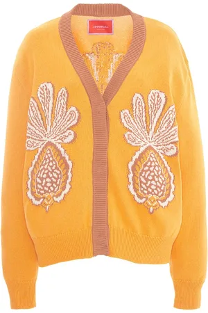 La DoubleJ Truien, Dames, Geel, M, Katoen, Maximalistische Ananas Cardigan
