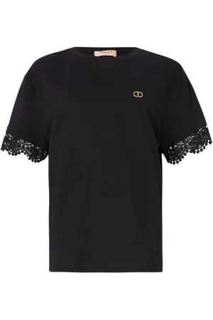 Twin-Set Tops, Dames, Zwart, S, Katoen, Zwart T-shirt met macramé kant