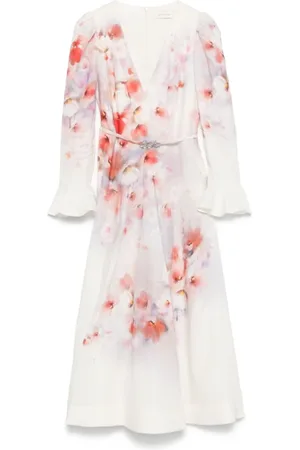 ZIMMERMANN Kleedjes, Dames, Wit, S, Linnen, Crush Jurk met Volantmouwen en Midi-lengte