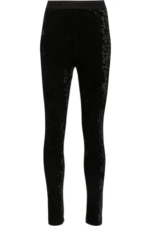 VERSACE Broeken, Dames, Zwart, M, Leer, Fluwelen Leggings met Hoge Taille