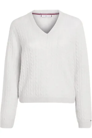 Tommy Hilfiger Truien, Dames, Wit, S, Wol, Gedraaide Gebreide Trui met V-hals