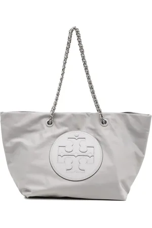 Tory Burch Tassen, Dames, Grijs, ONE Size, Nylon, Chique Schoudertas met Logopatch