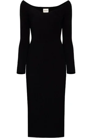 Khaite Kleedjes, Dames, Zwart, L, Polyester, Geribbelde Midi-jurk